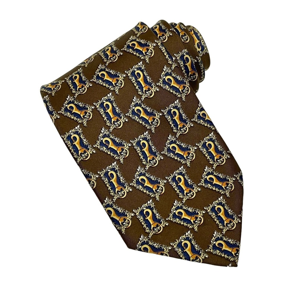 Fendi Silk Tie Dark Academia Brown Equestrian Bit Print Italian Designer Luxury